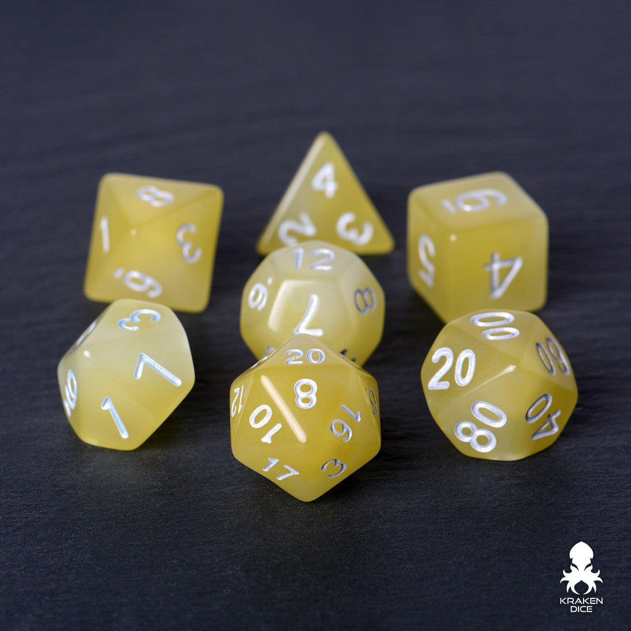Yellow & White (Green Glow) Glow in the Dark Dice Set